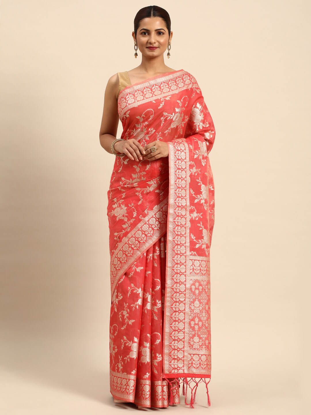 

Mitera Woven Design Zari Organza Saree, Red