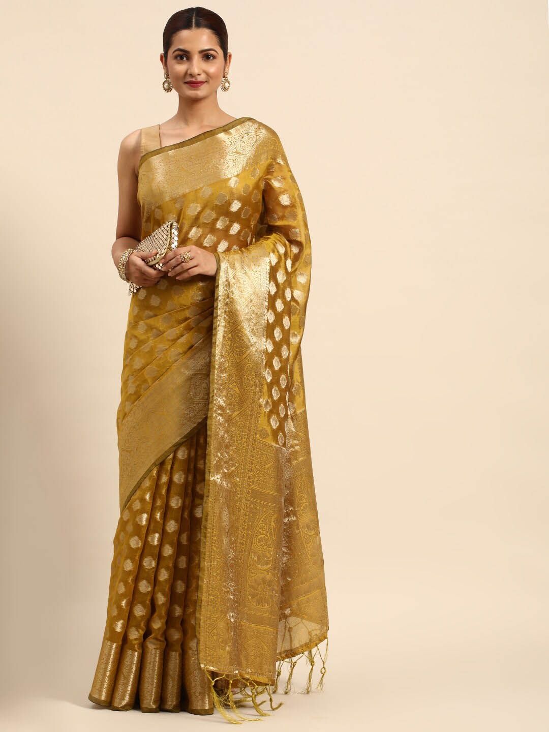 

Mitera Ethnic Motifs Woven Design Zari Organza Saree, Green