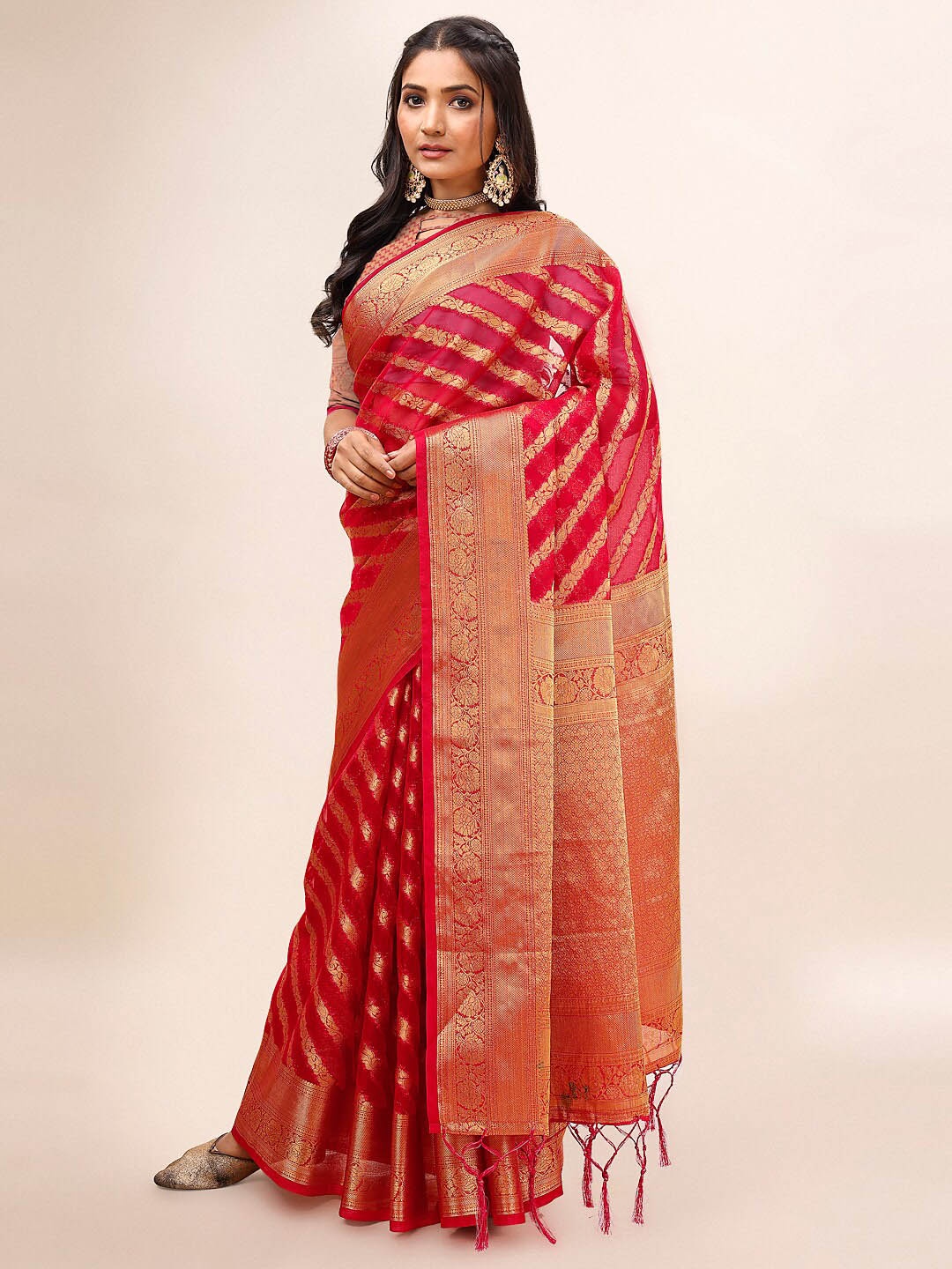 

Mitera Red and Gold-Toned Ethnic Motifs Woven Design Zari Organza Saree