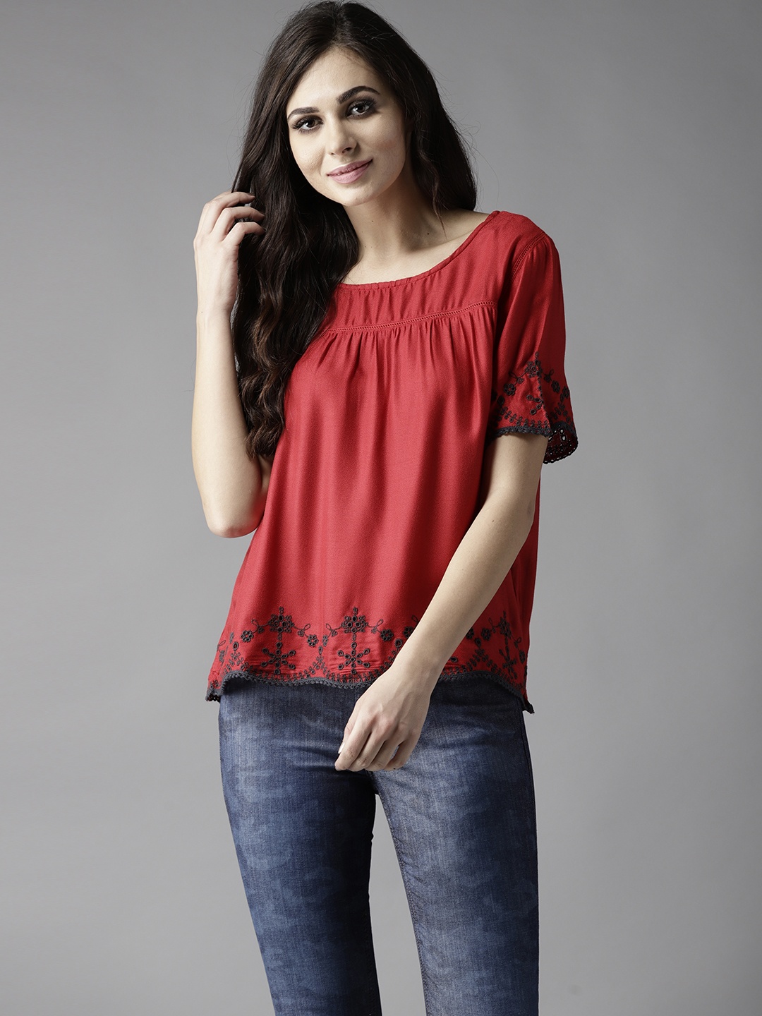 

Flying Machine Women Red Solid A-Line Top