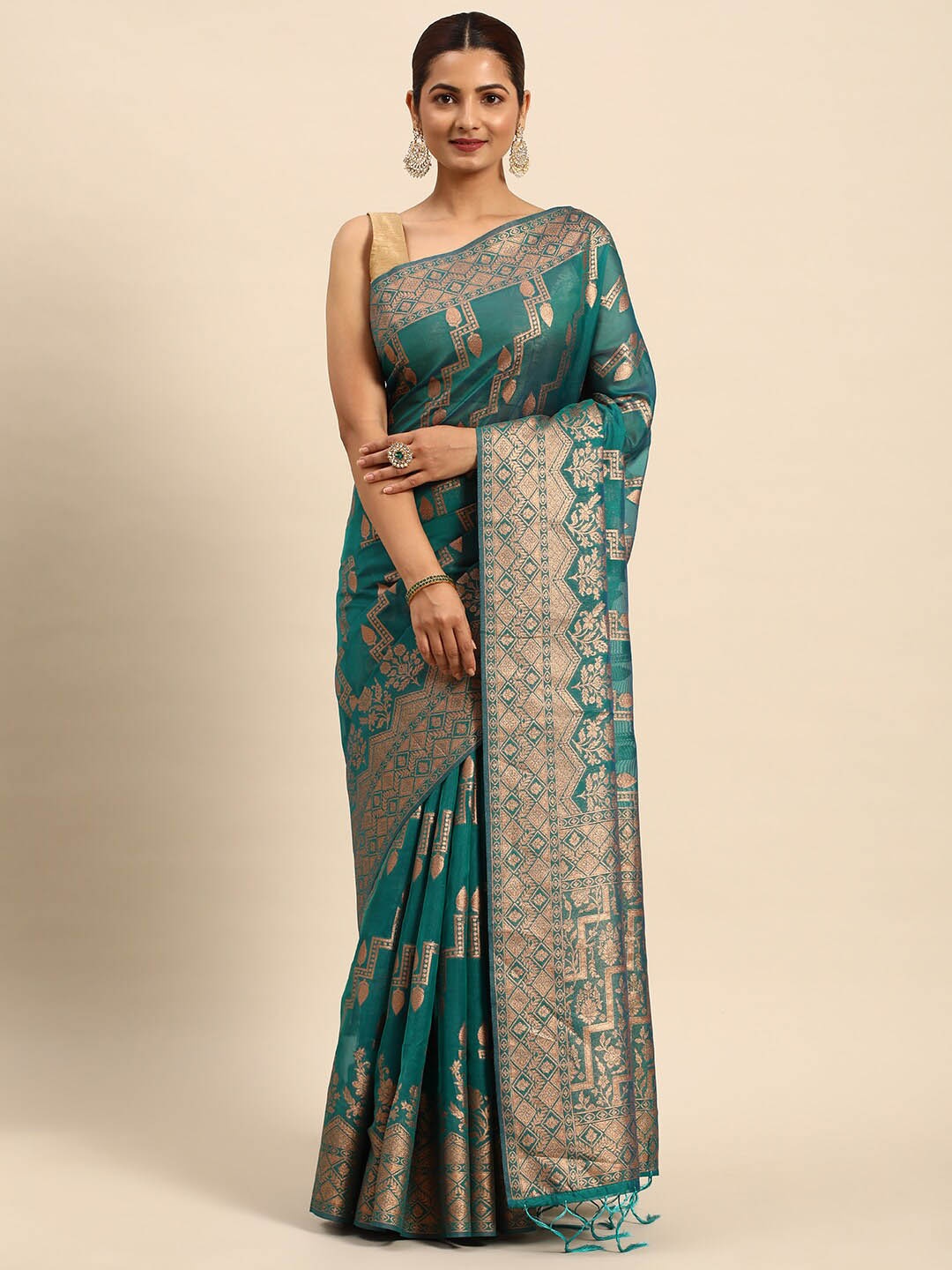 

Mitera Ethnic Motifs Woven Design Zari Organza Saree, Green