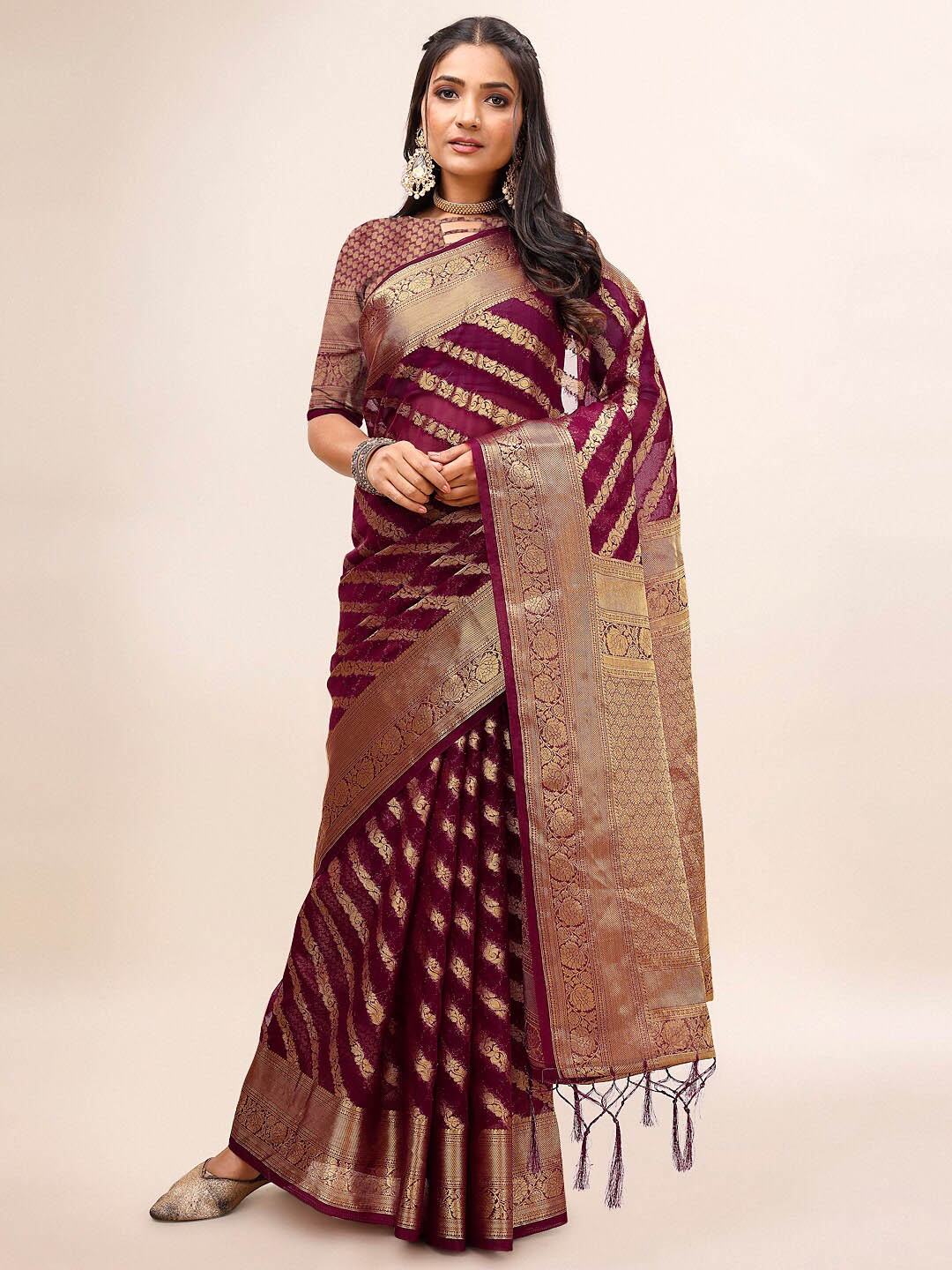 

Mitera Woven Design Zari Organza Saree, Maroon