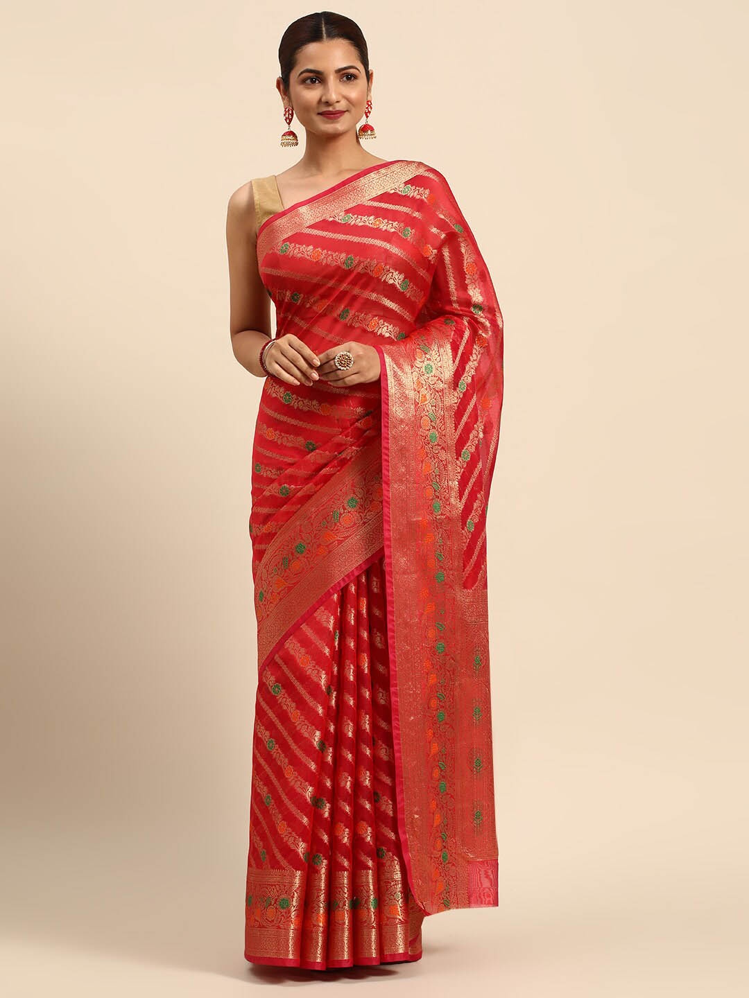 

Mitera Floral Woven Design Zari Organza Saree, Pink