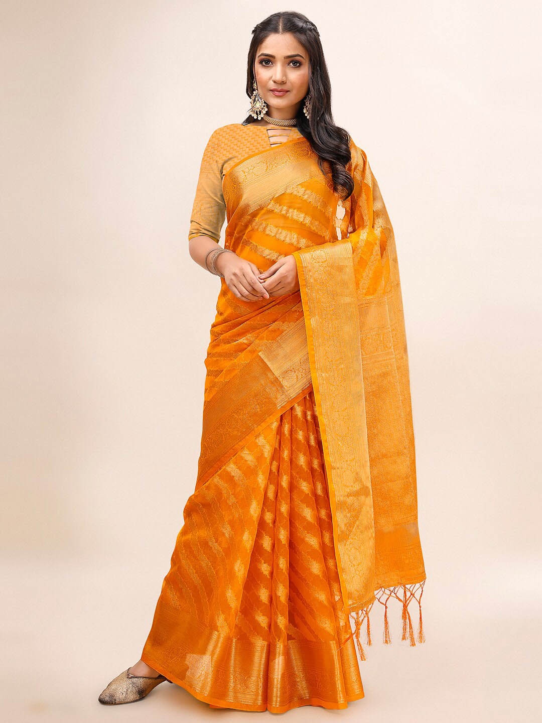 

Mitera Orange & Gold-Toned Ethnic Motifs Woven Design Zari Organza Saree