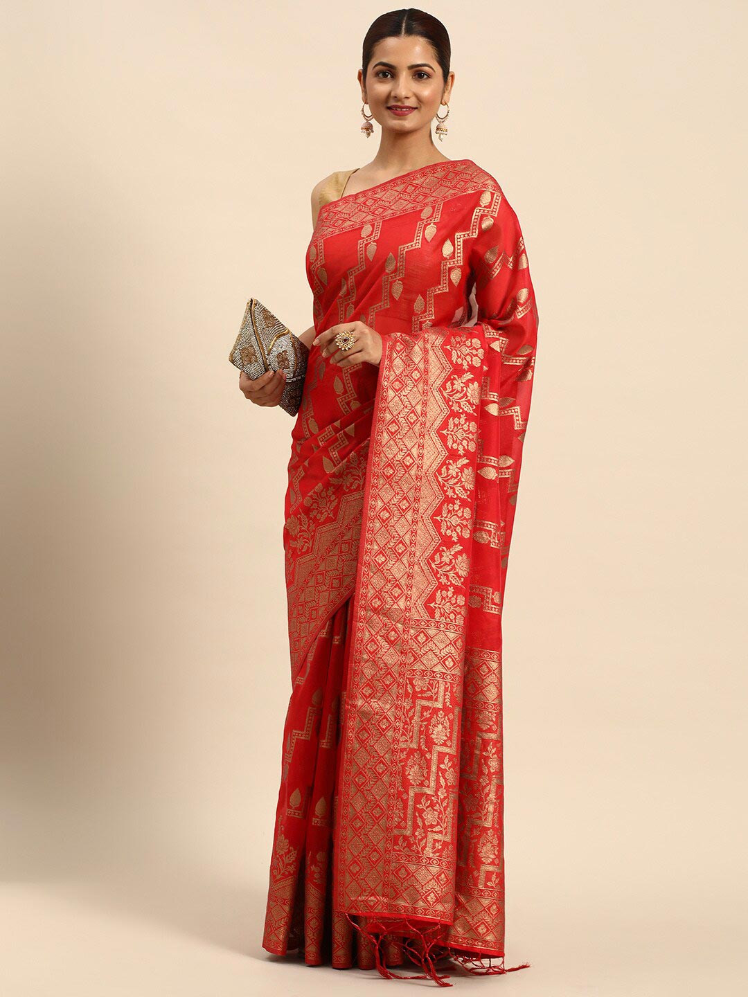 

Mitera Red & Gold-Toned Ethnic Motifs Woven Design Zari Organza Saree