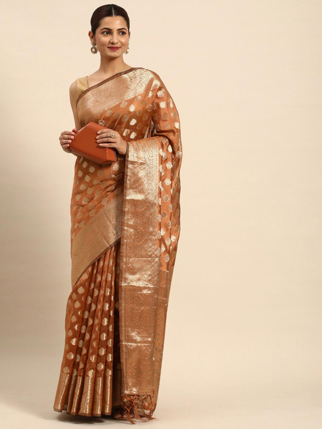 

Mitera Brown & Gold-Toned Ethnic Motifs Woven Design Zari Organza Saree