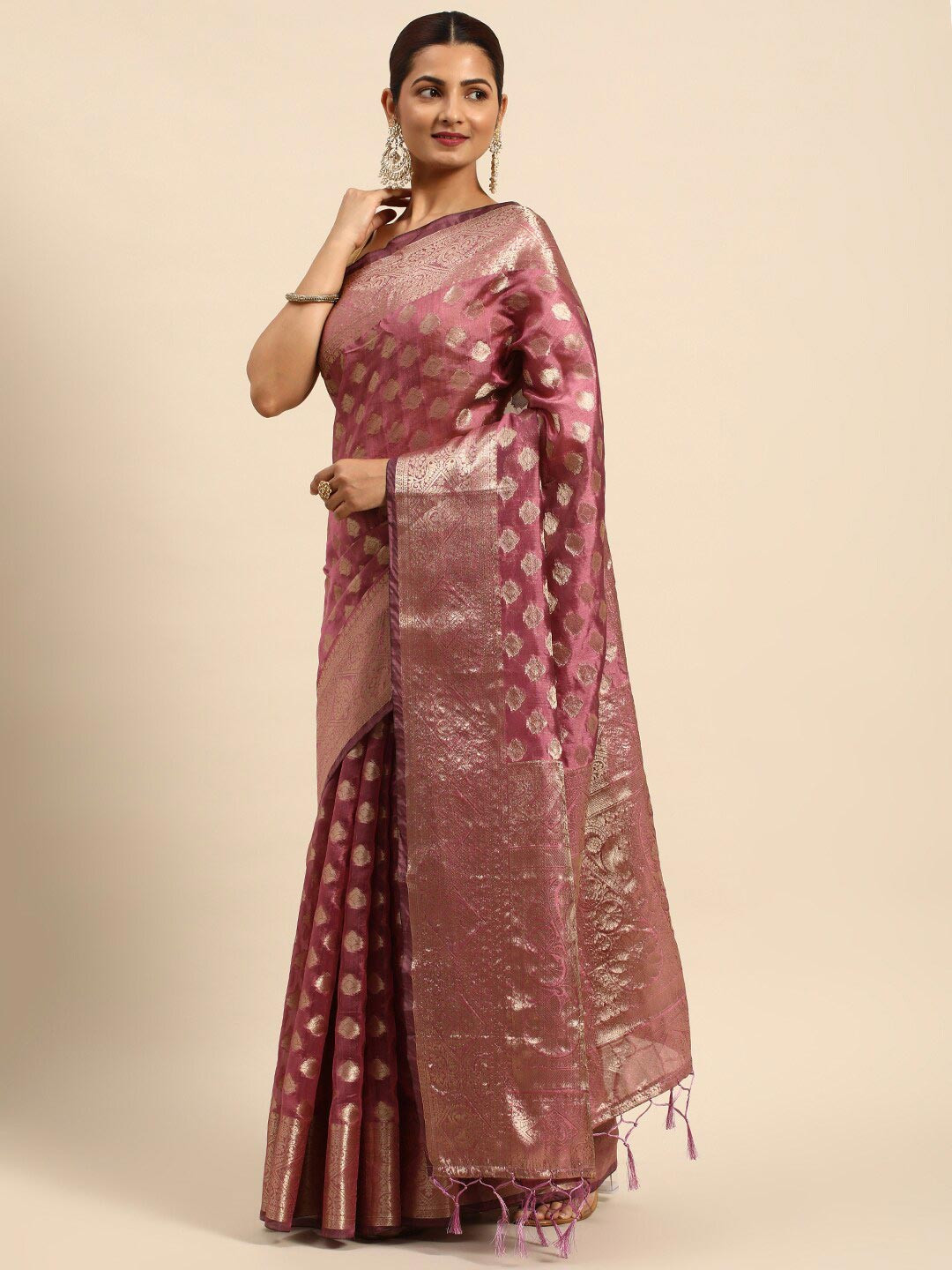 

Mitera Purple & Gold-Toned Ethnic Motifs Woven Design Zari Organza Saree