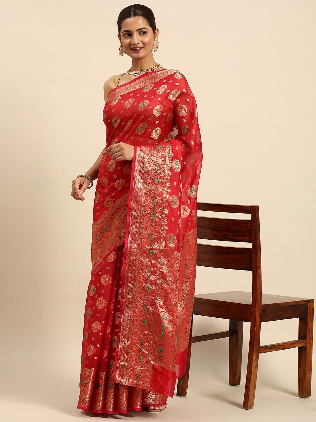

Mitera Red & Green Ethnic Motifs Woven Design Zari Organza Saree
