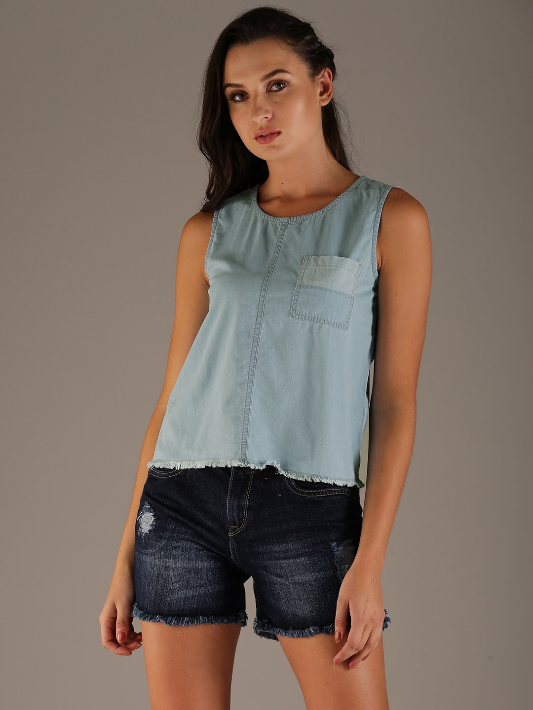 

Flying Machine Women Blue Solid Chambray Pure Cotton Top