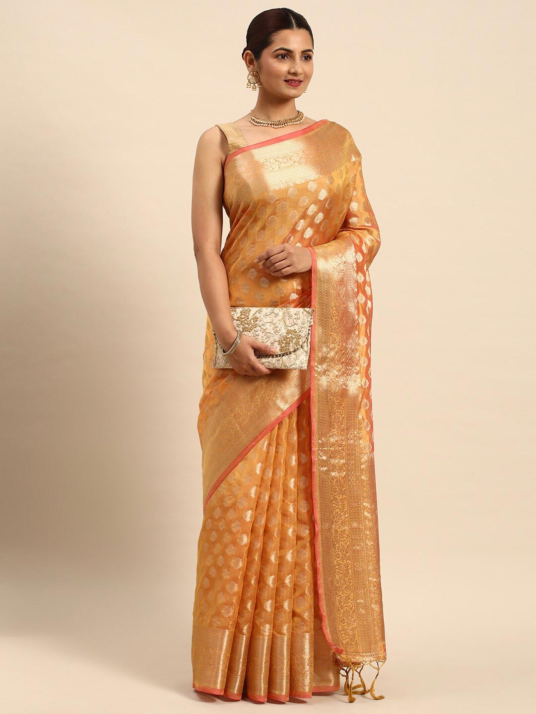 

Mitera Ethnic Motifs Woven Design Zari Organza Saree, Orange