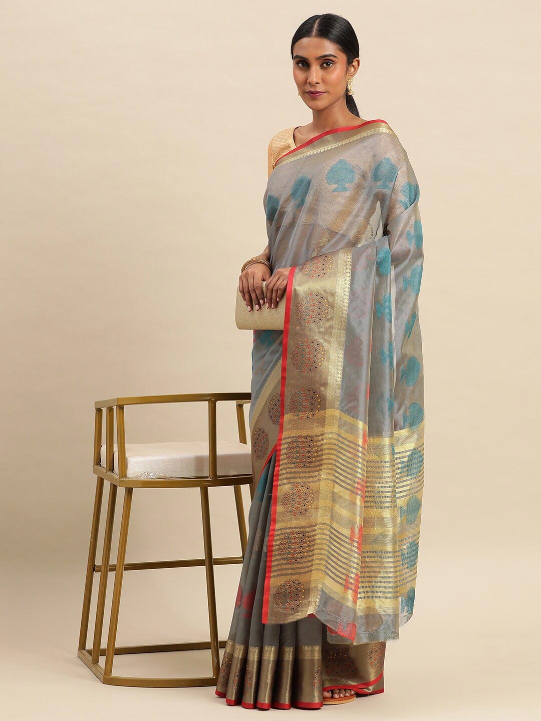 

Mitera Ethnic Motifs Woven Design Zari Saree, Grey