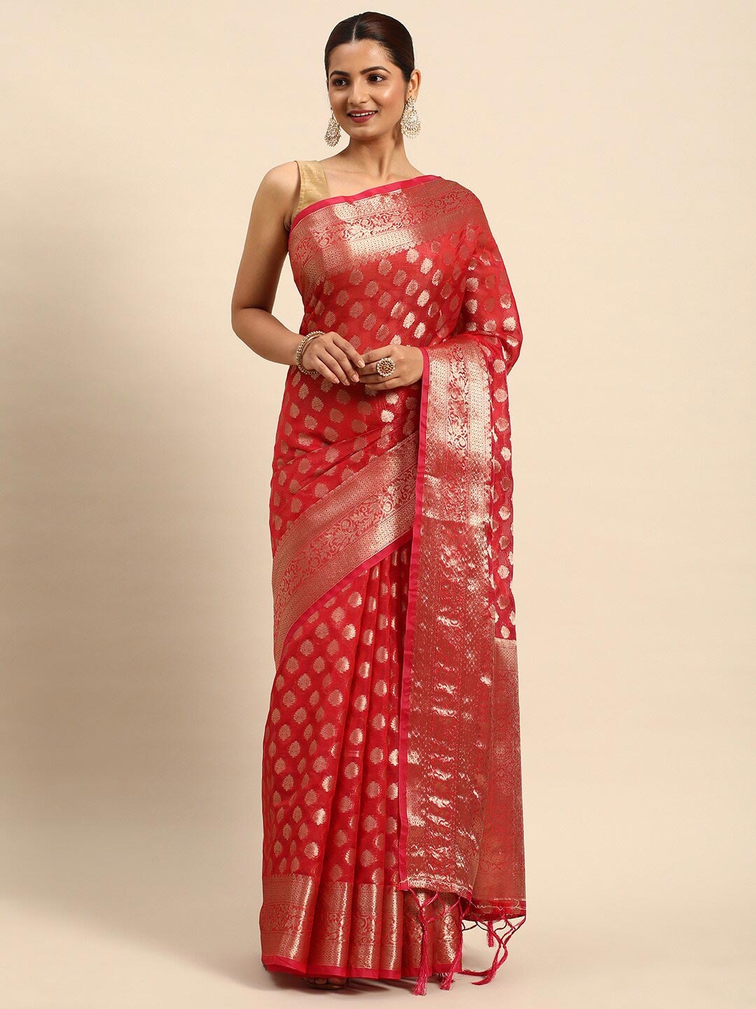 

Mitera Red & Gold Toned Ethnic Motifs Woven Design Zari Organza Saree