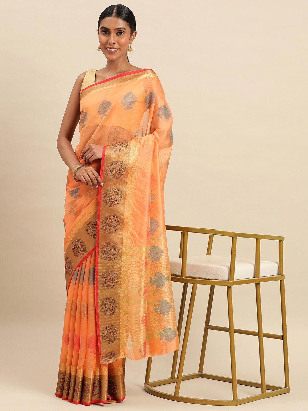 

Mitera Ethnic Motifs Woven Design Zari Organza Saree, Peach