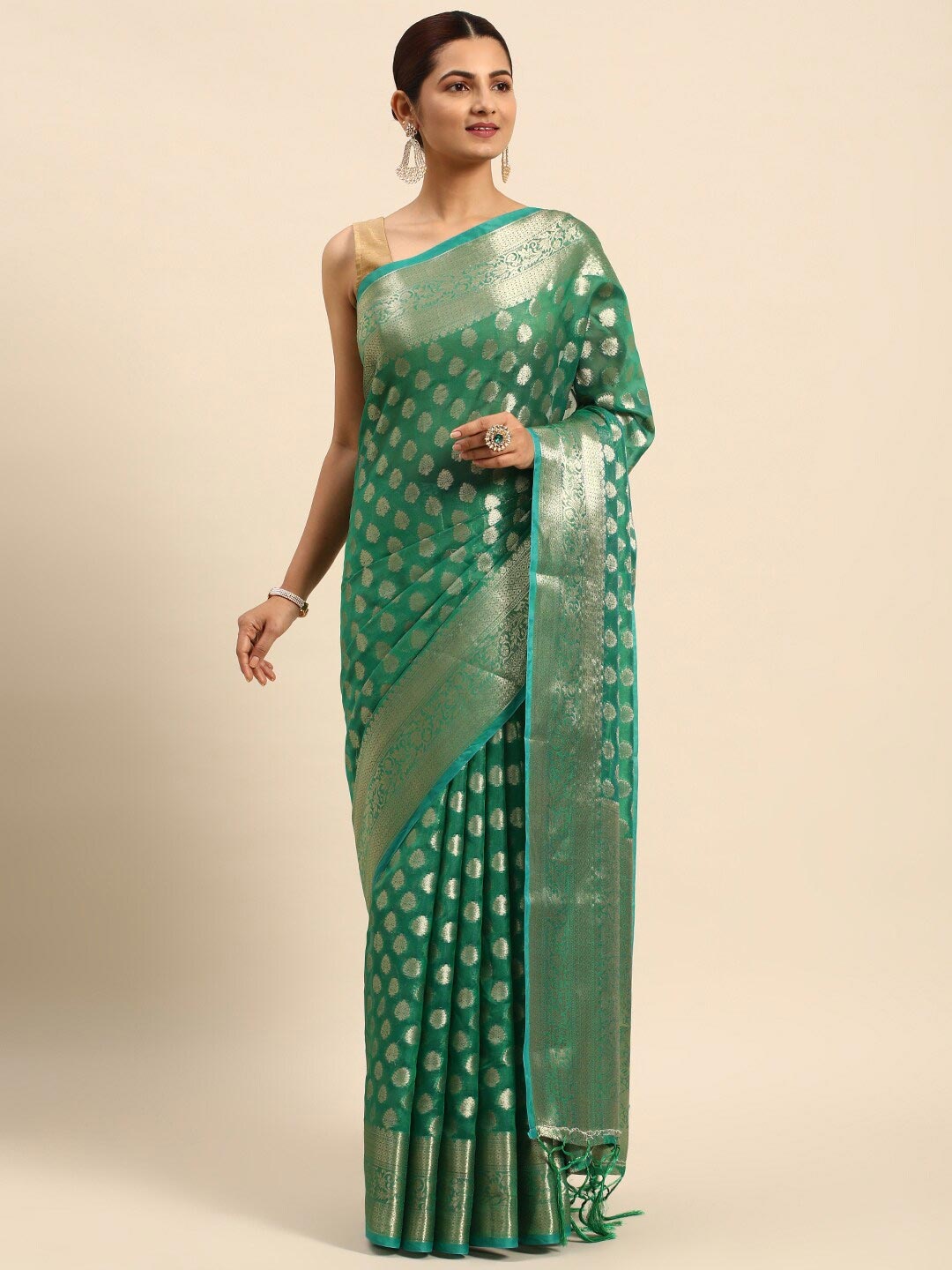 

Mitera Green & Gold-Toned Ethnic Motifs Woven Design Zari Organza Saree