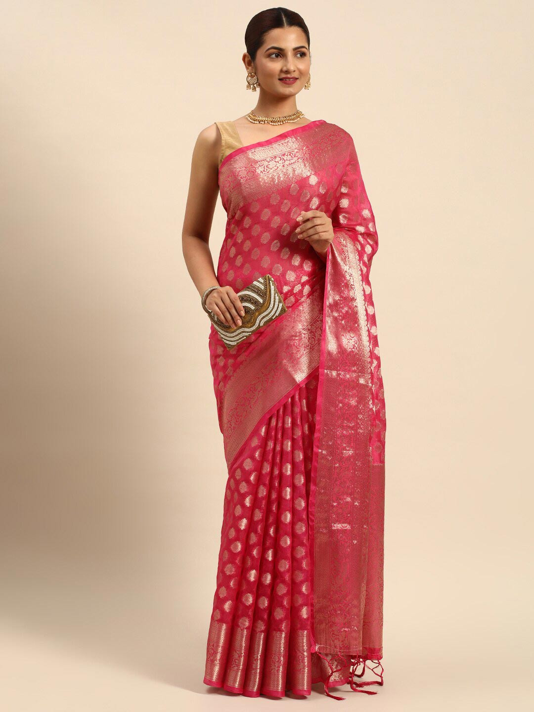 

Mitera Pink & Gold-Toned Ethnic Woven Design Zari Organza Saree