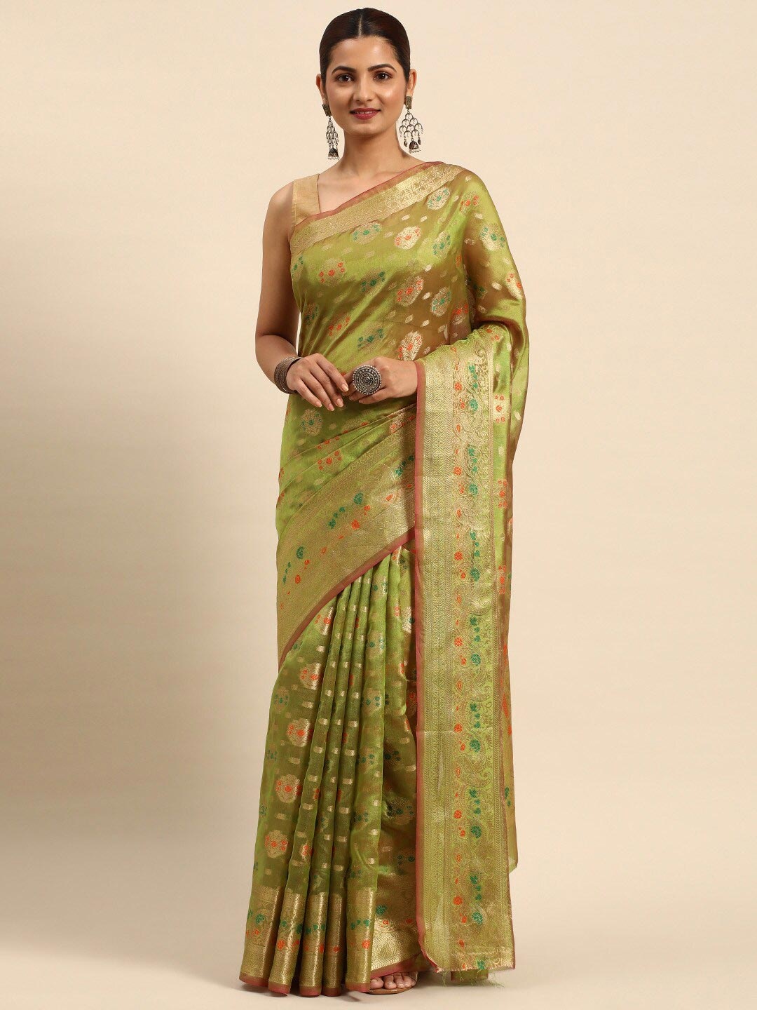 

Mitera Green & Red Floral Woven Design Zari Organza Saree