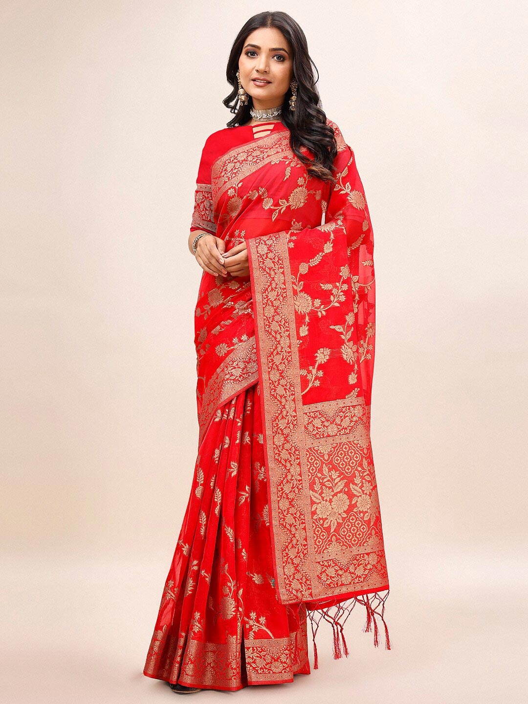 

Mitera Ethnic Motifs Woven Design Zari Organza Saree, Red