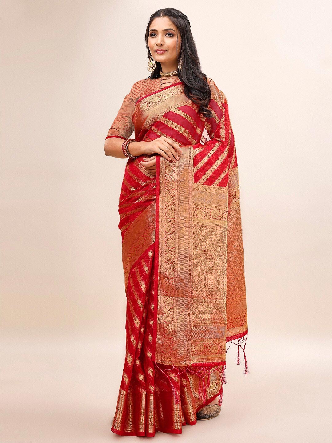 

Mitera Red & Gold-Toned Ethnic Motifs Woven Design Zari Organza Saree