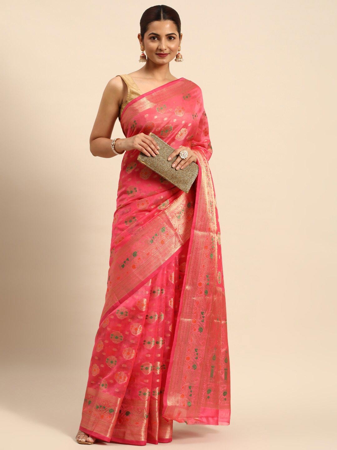 

Mitera Pink & Green Ethnic Motifs Woven Design Zari Brocade Organza Saree