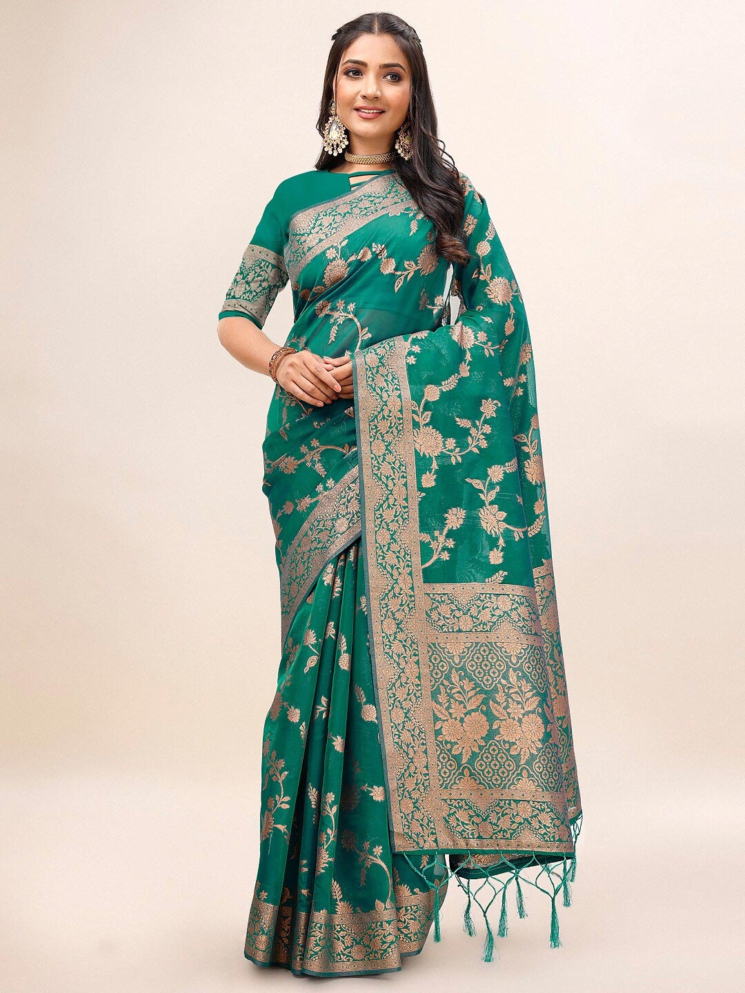 

Mitera Woven Design Zari Organza Saree, Green