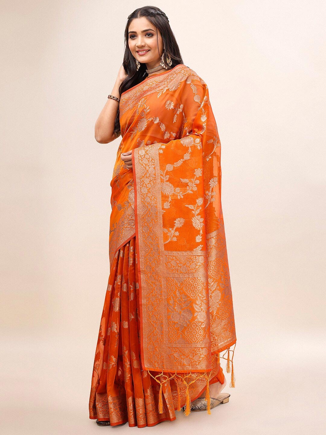 

Mitera Orange & Gold-Toned Floral Woven Design Zari Organza Saree