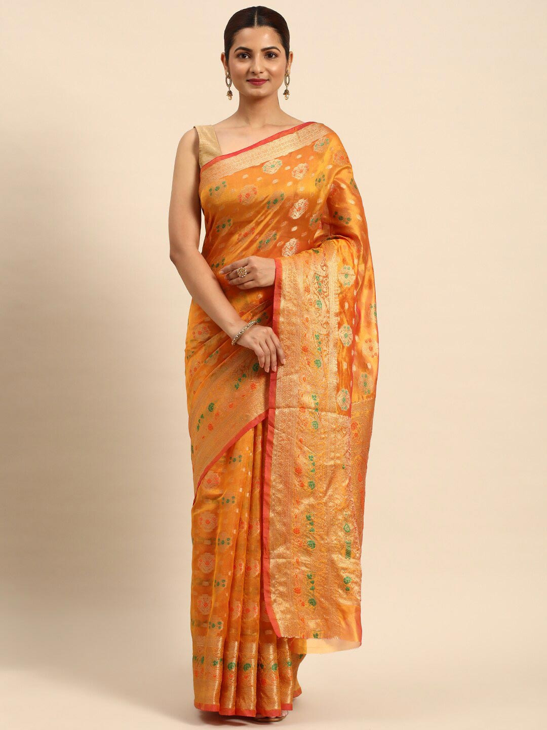 

Mitera Orange & Green Ethnic Motifs Woven Design Zari Organza Saree
