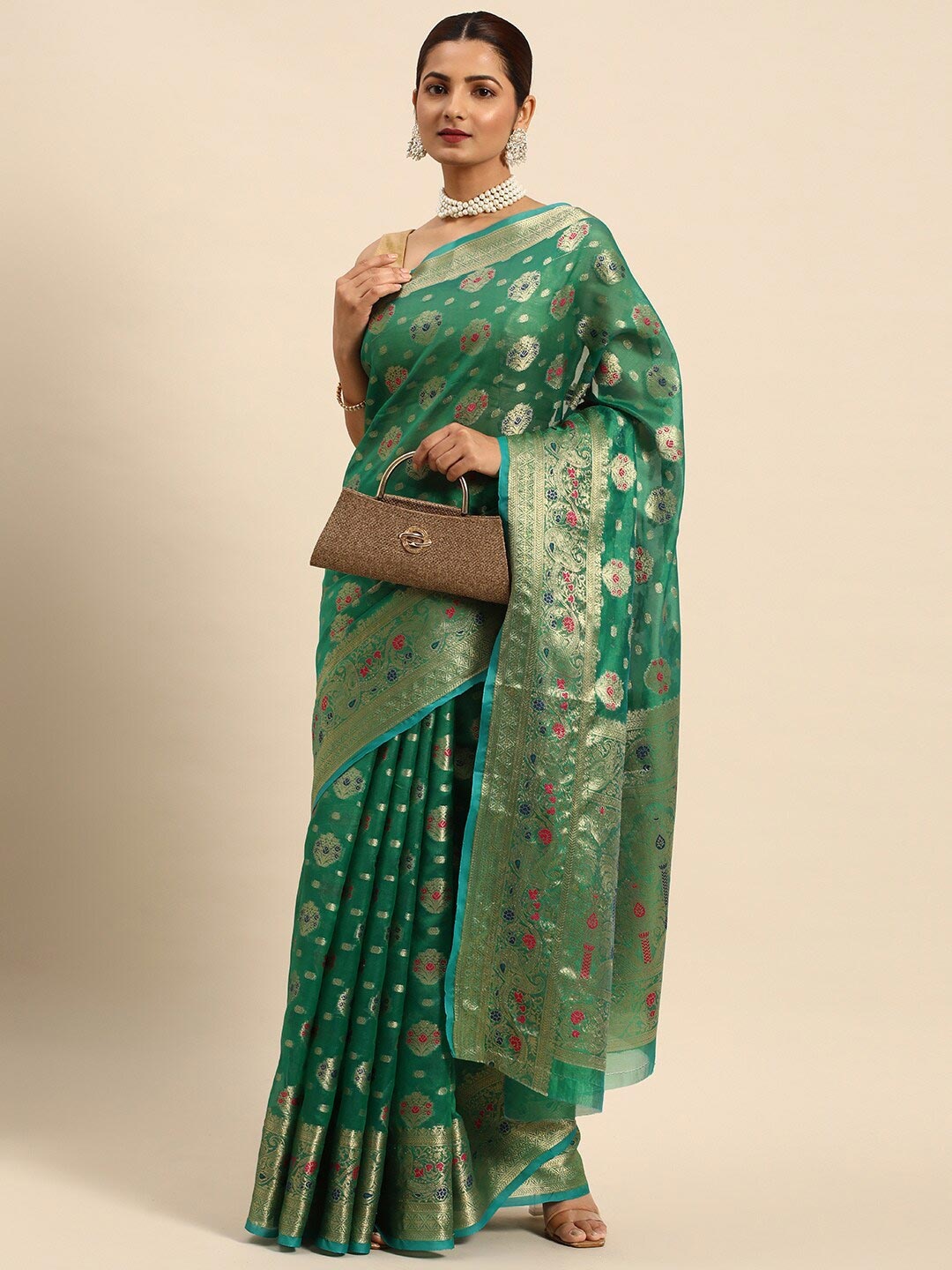 

Mitera Green & Pink Ethnic Motifs Woven Design Zari Organza Saree