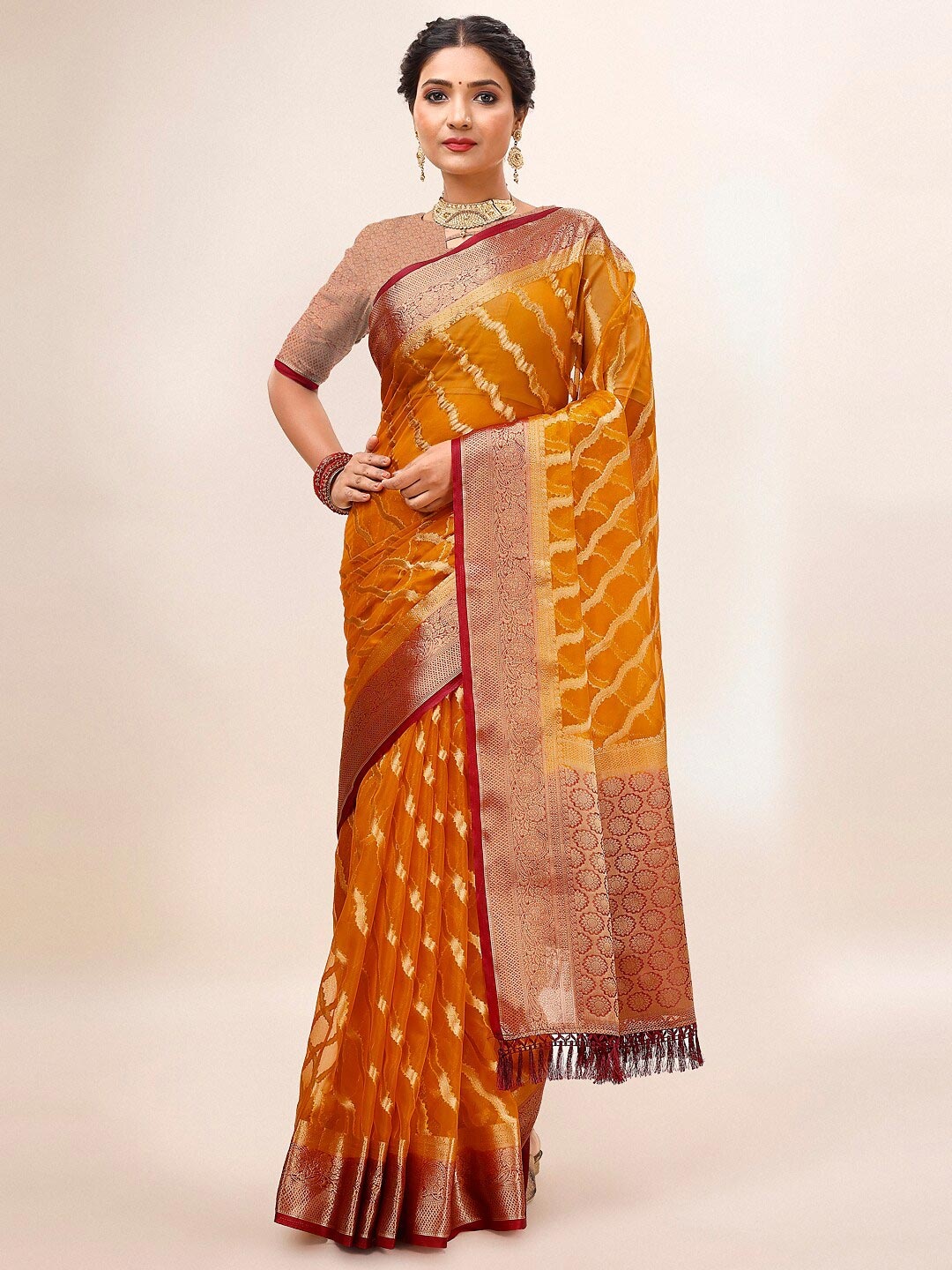 

Mitera Woven Design Zari Organza Saree, Mustard
