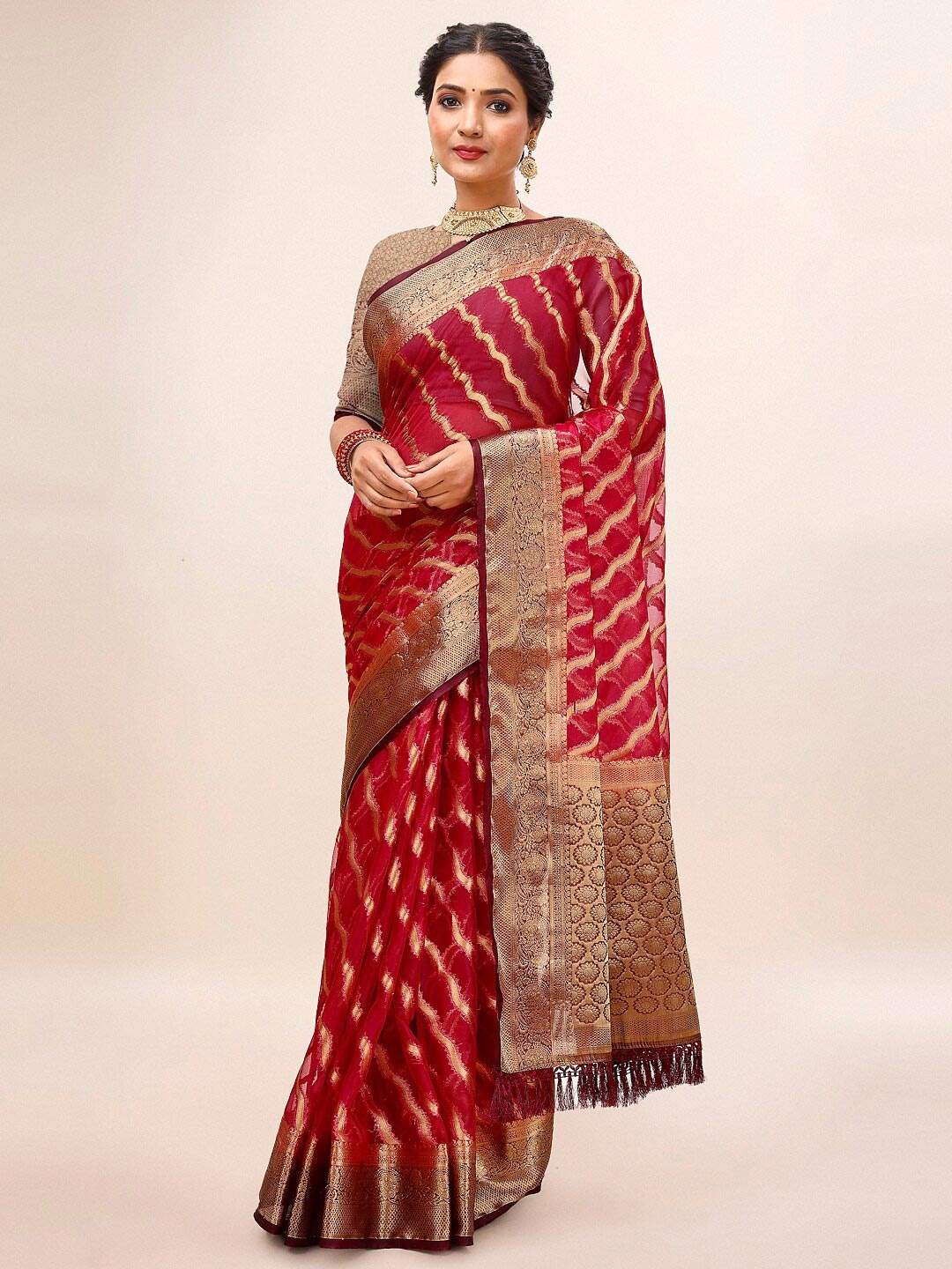 

Mitera Woven Design Zari Organza Saree, Maroon