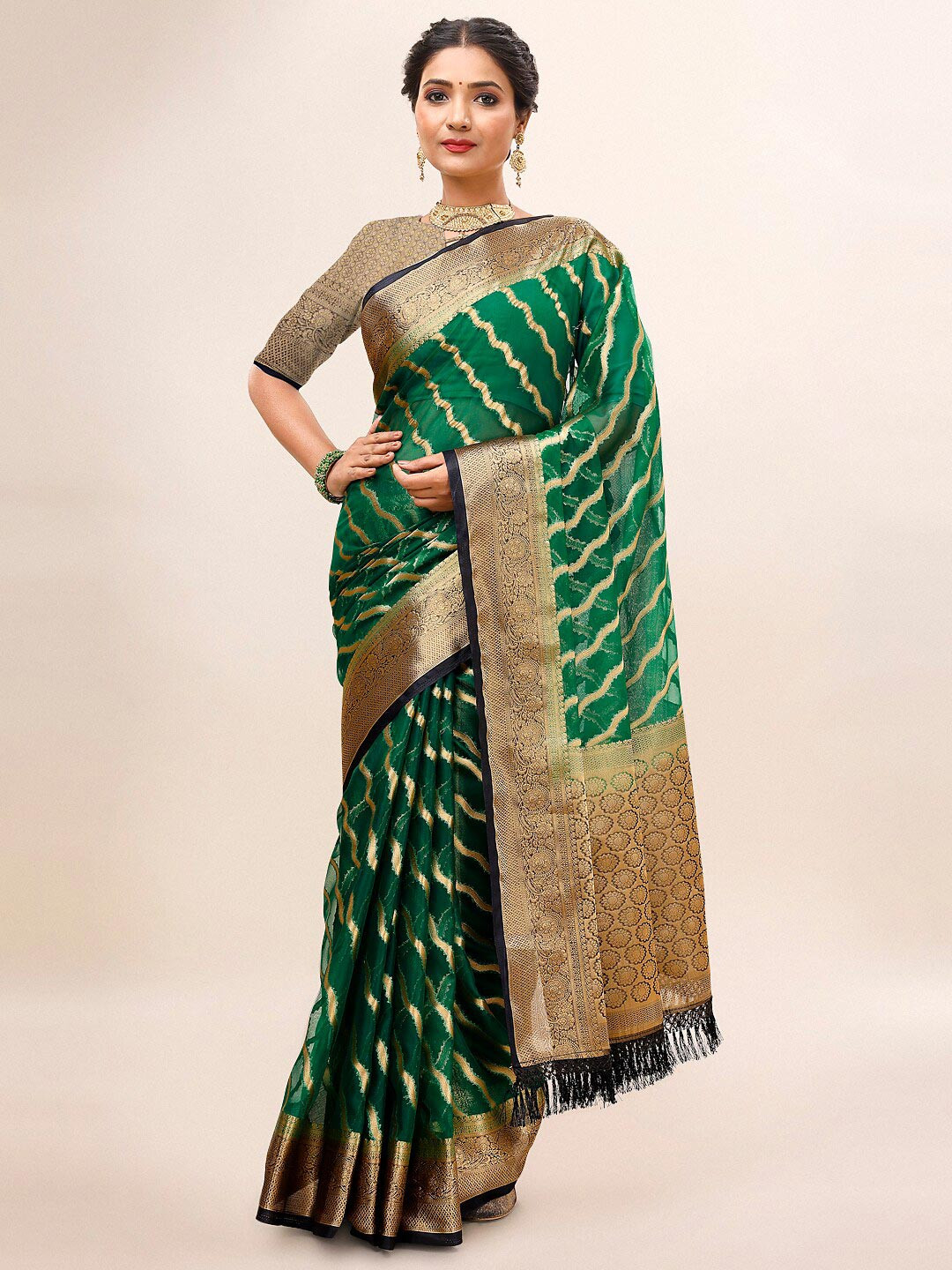 

Mitera Ethnic Motifs Woven Design Zari Organza Saree, Green