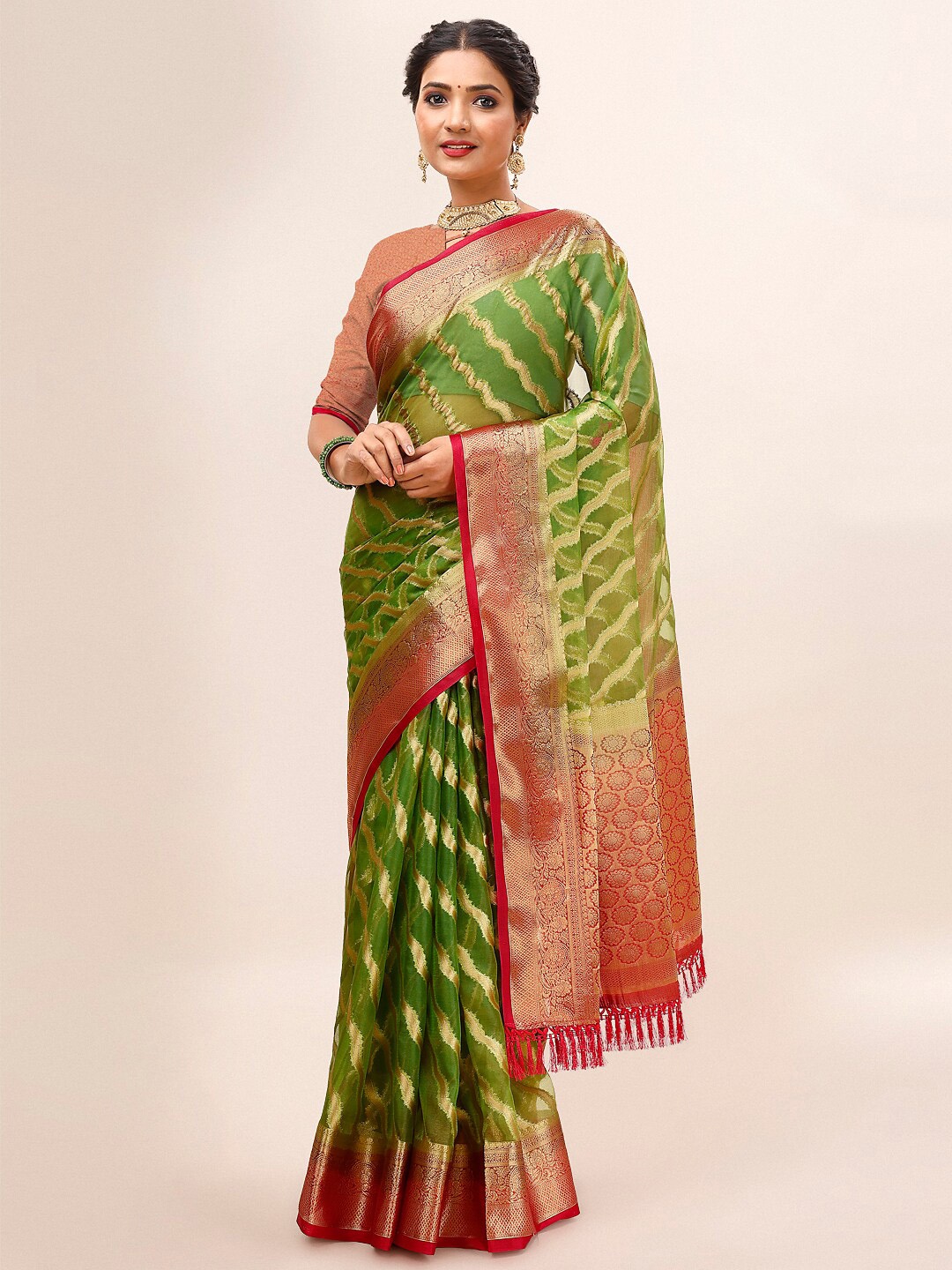 

Mitera Green & Red Ethnic Woven Design Zari Organza Saree