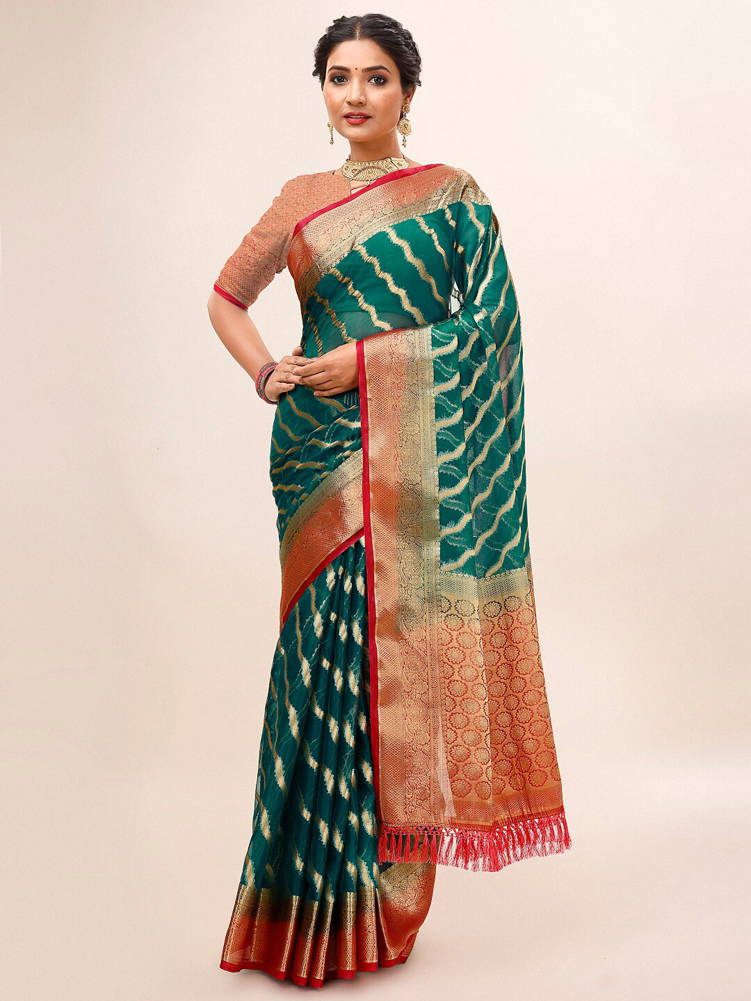 

Mitera Green & Red Striped Woven Design Zari Organza Saree