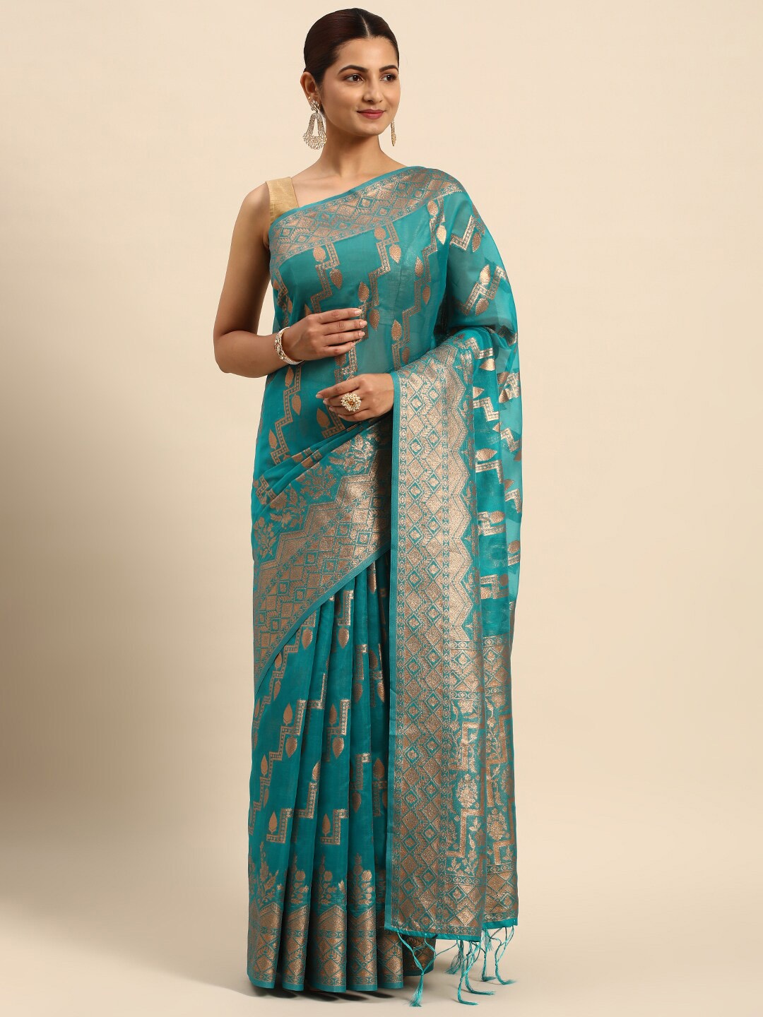 

Mitera Turquoise Blue & Gold-Toned Ethnic Motifs Woven Design Zari Organza Saree