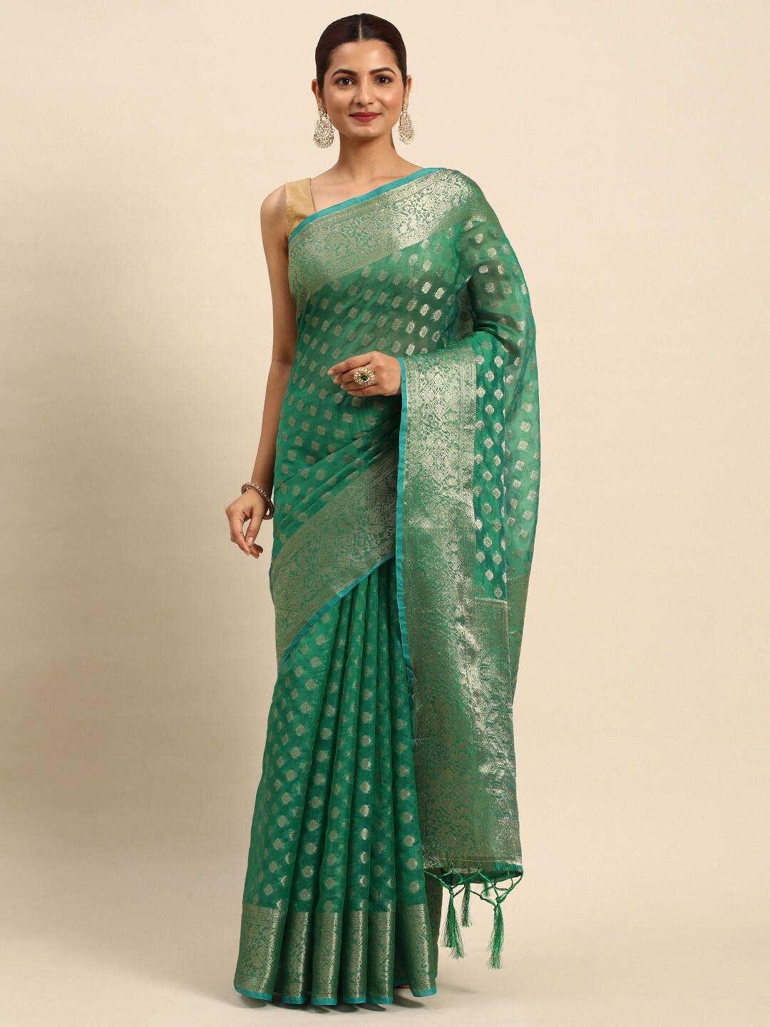 

Mitera Green & Gold-Toned Ethnic Motifs Woven Design Zari Organza Saree