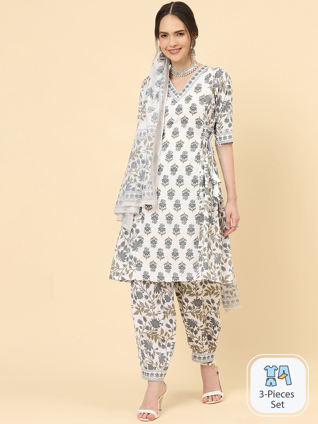 

KALINI Floral Printed Straight Kurta with Trousers & Dupatta, White