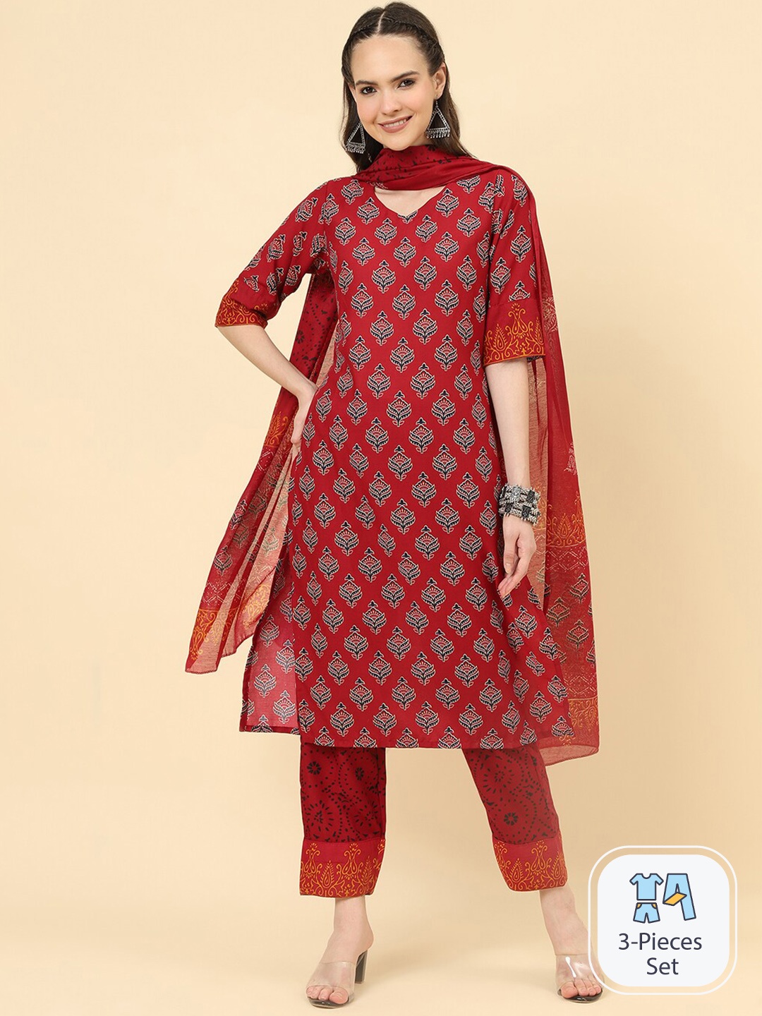 

KALINI Ethnic Motifs Printed Regular Kurta With Trousers & Dupatta, Red