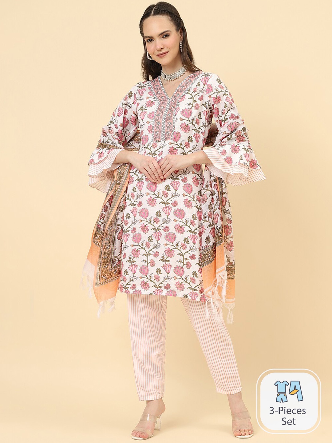 

KALINI Floral Printed V-Neck Regular Kurta & Trousers With Dupatta, White