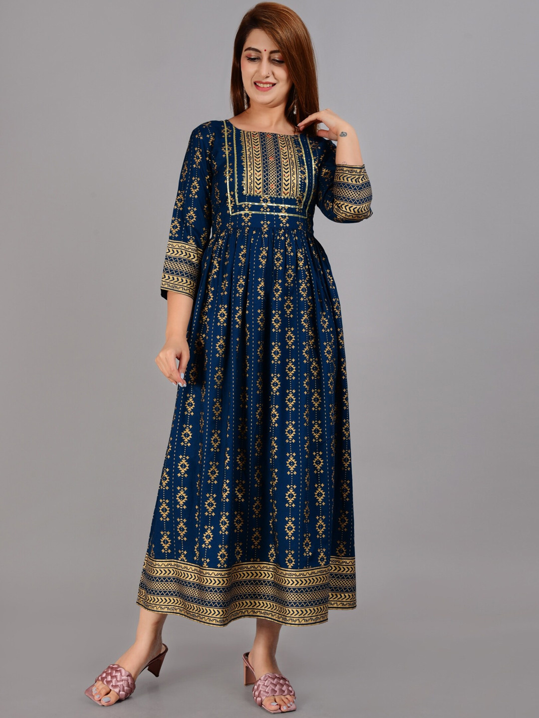 

ao services Ethnic Motifs Printed Gathered Maxi Ethnic Dress, Blue