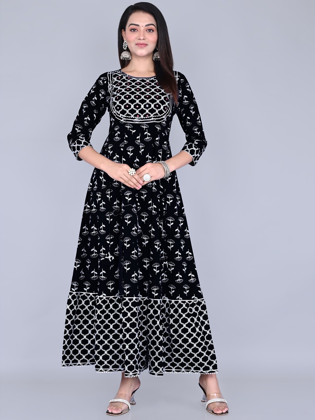 

ao services Floral Printed Fit and Flare Maxi Ethnic Dress, Navy blue