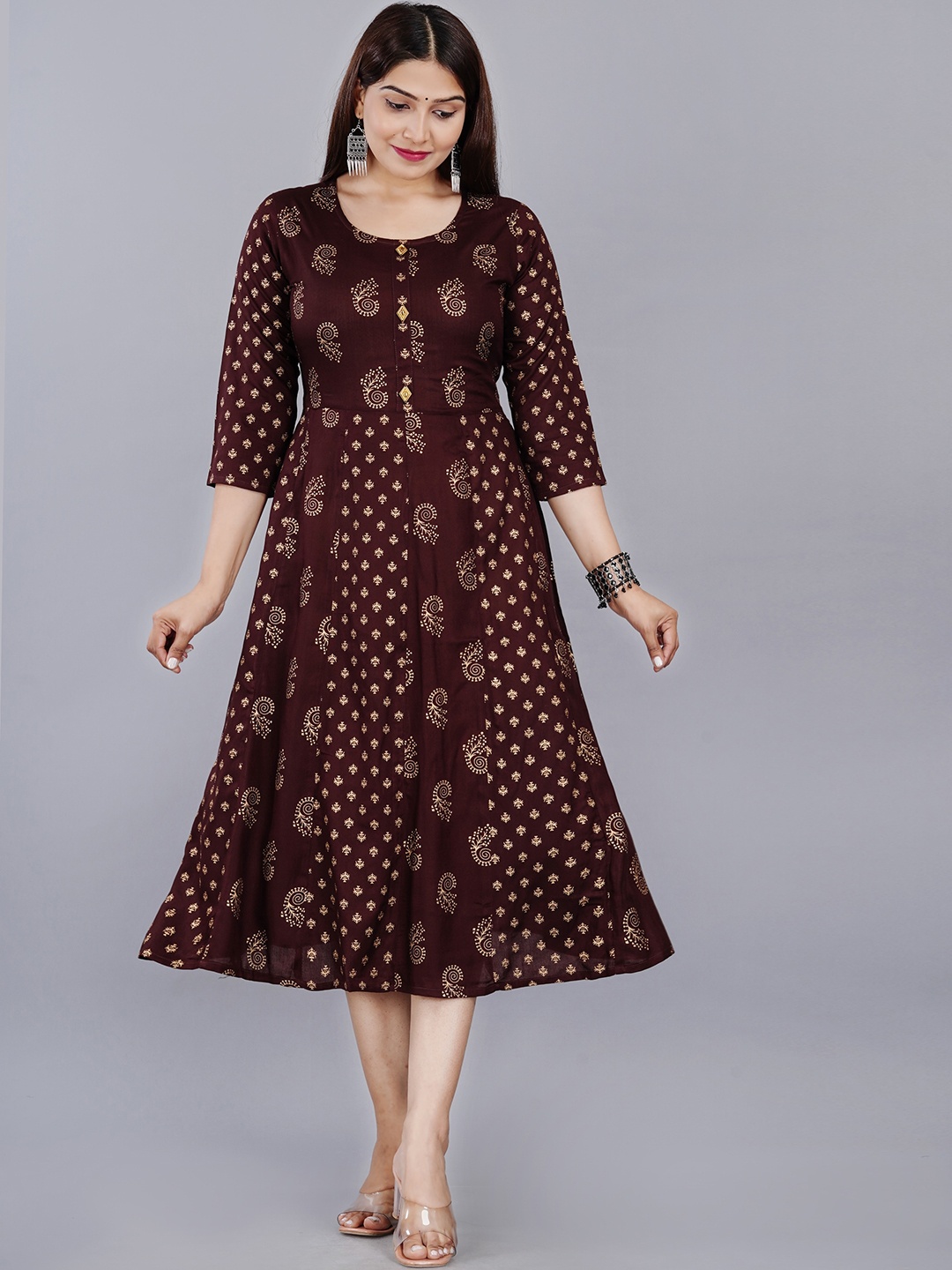 

ao services Ethnic Motifs Printed Gathered Fit & Flare Midi Ethnic Dress, Brown