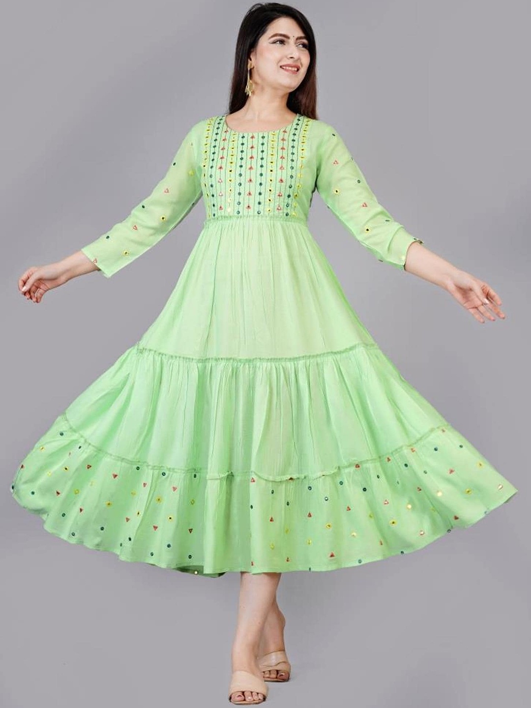 

ao services Geometric Embroidered Mirror Work Fit & Flare Ethnic Dress, Green