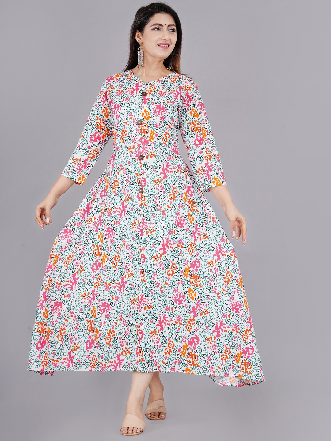 ao services Abstract Printed A-Line Ethnic Dress, White