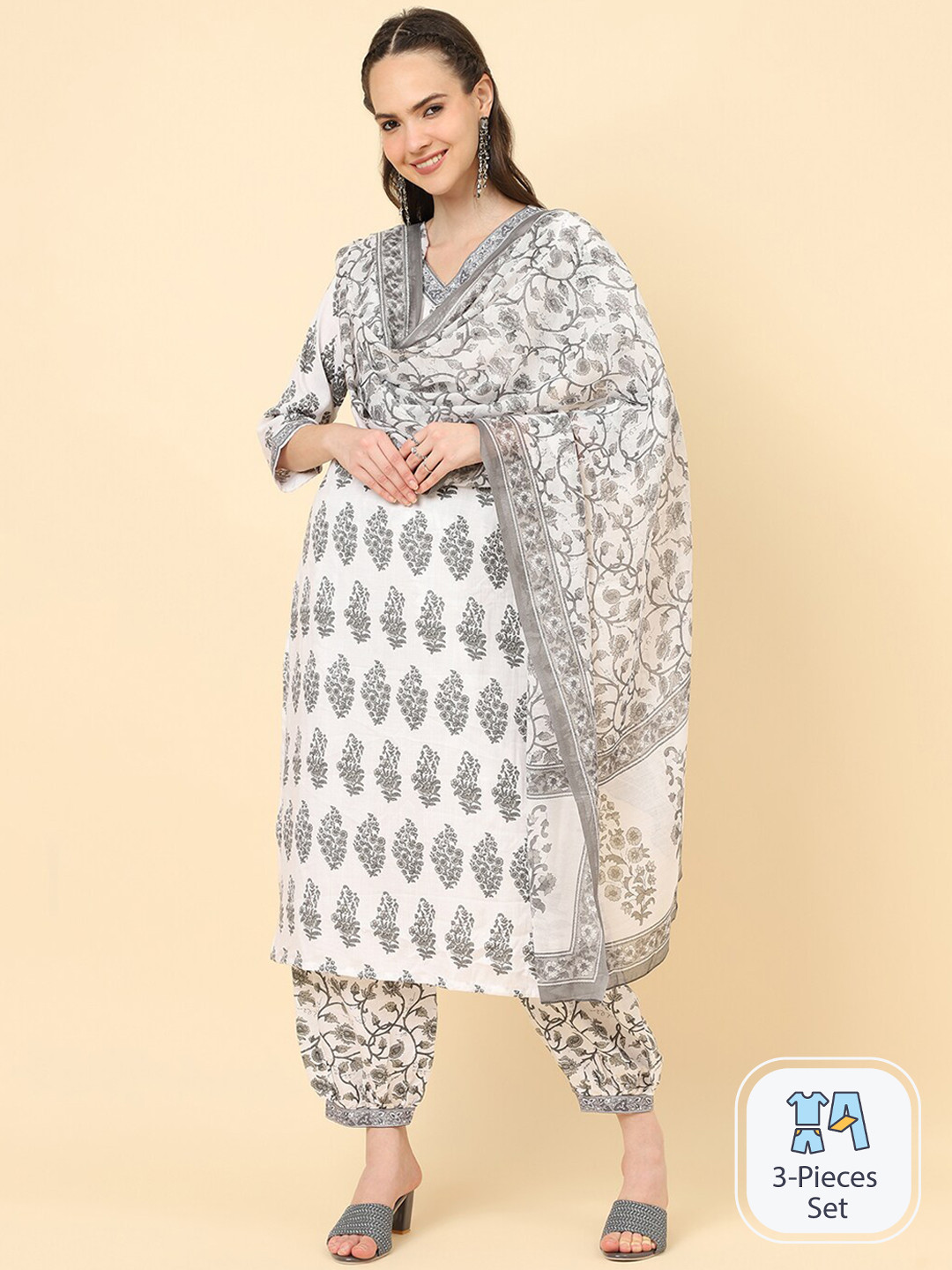 

KALINI Floral Printed Regular Kurta with Salwar & With Dupatta, White
