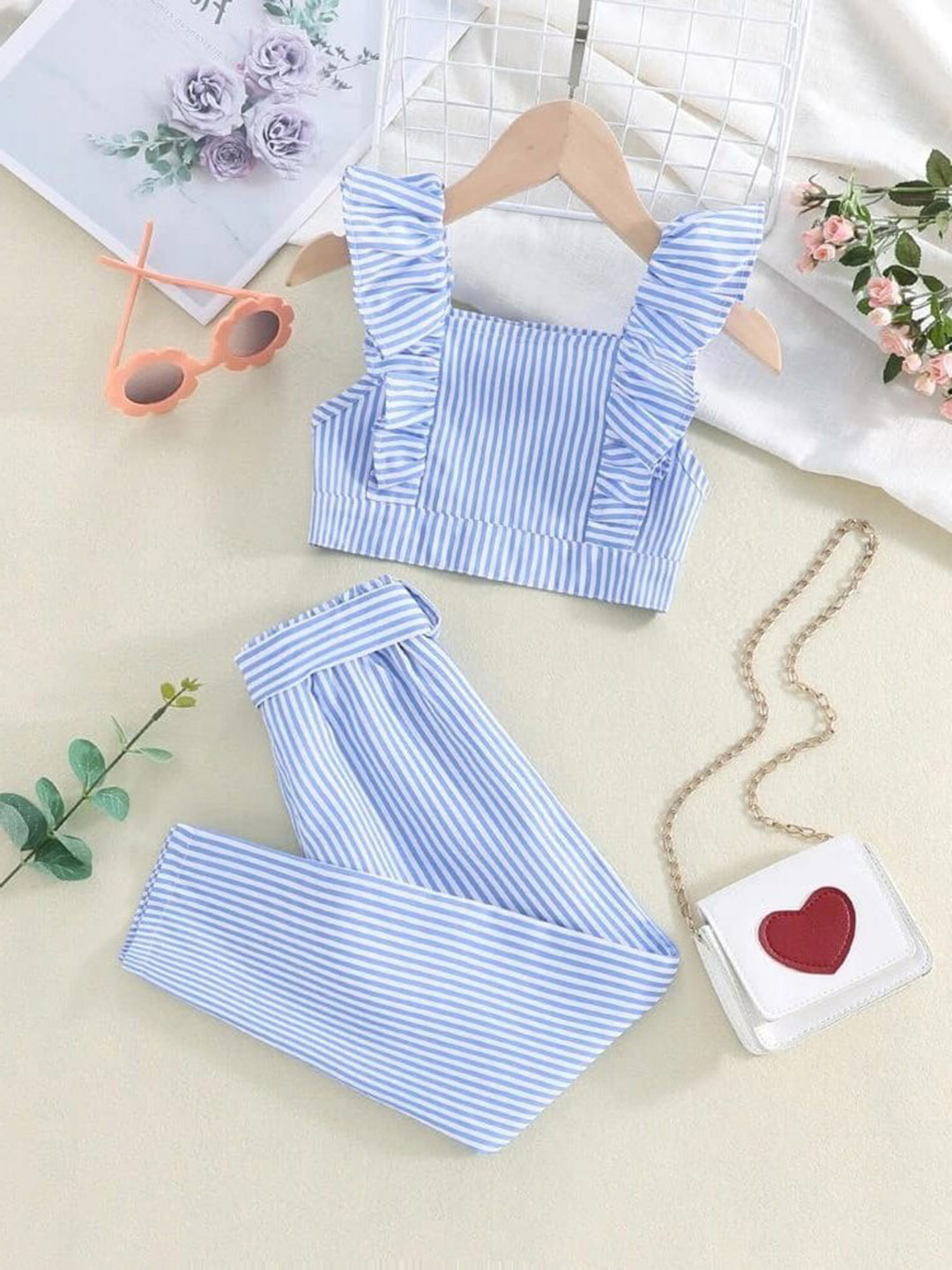 

APNISHA Girls Striped Ruffles Top with Trousers, Blue