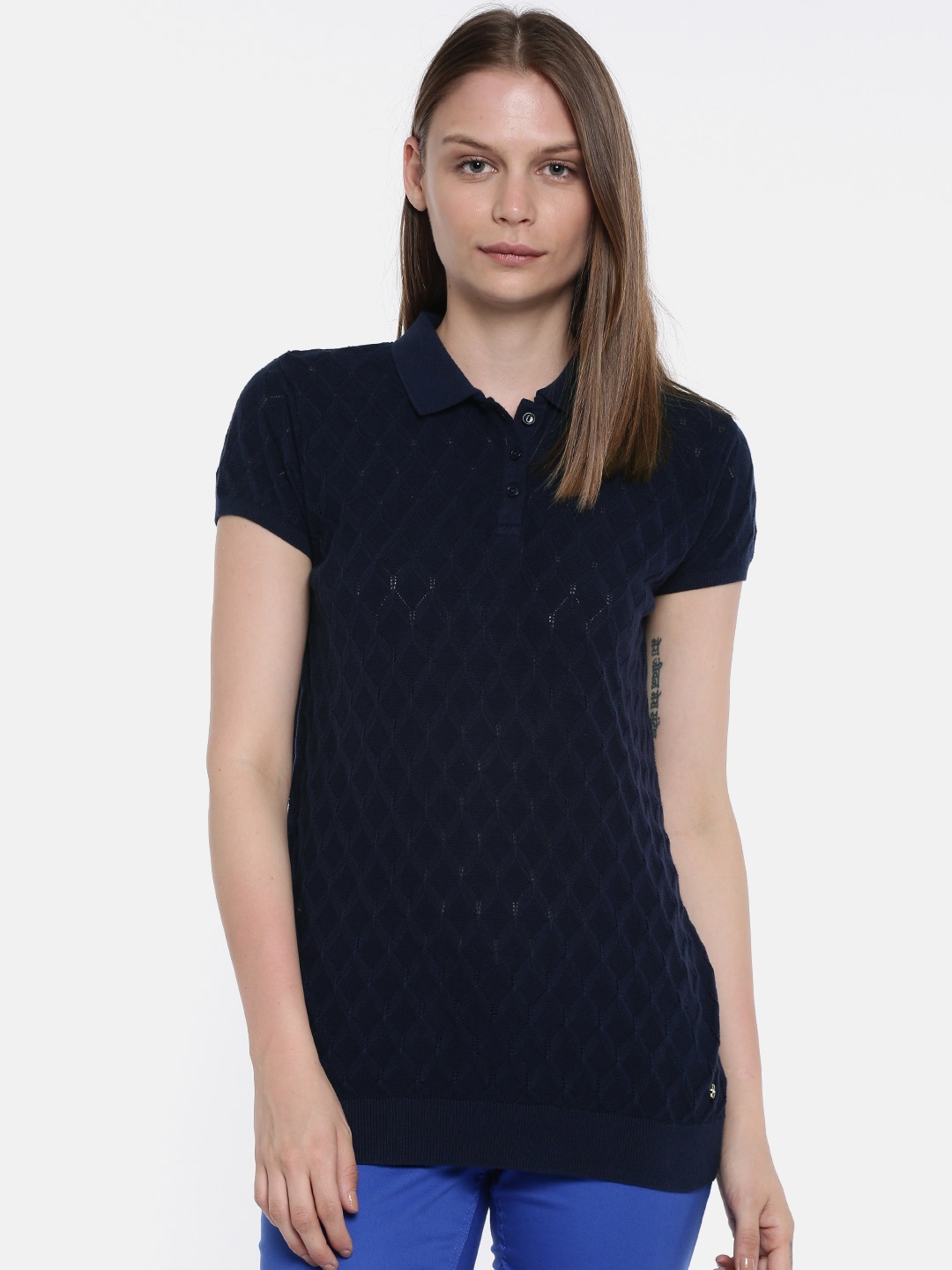 

U.S. Polo Assn. Women Women Navy Blue Self Design Polo Collar T-shirt