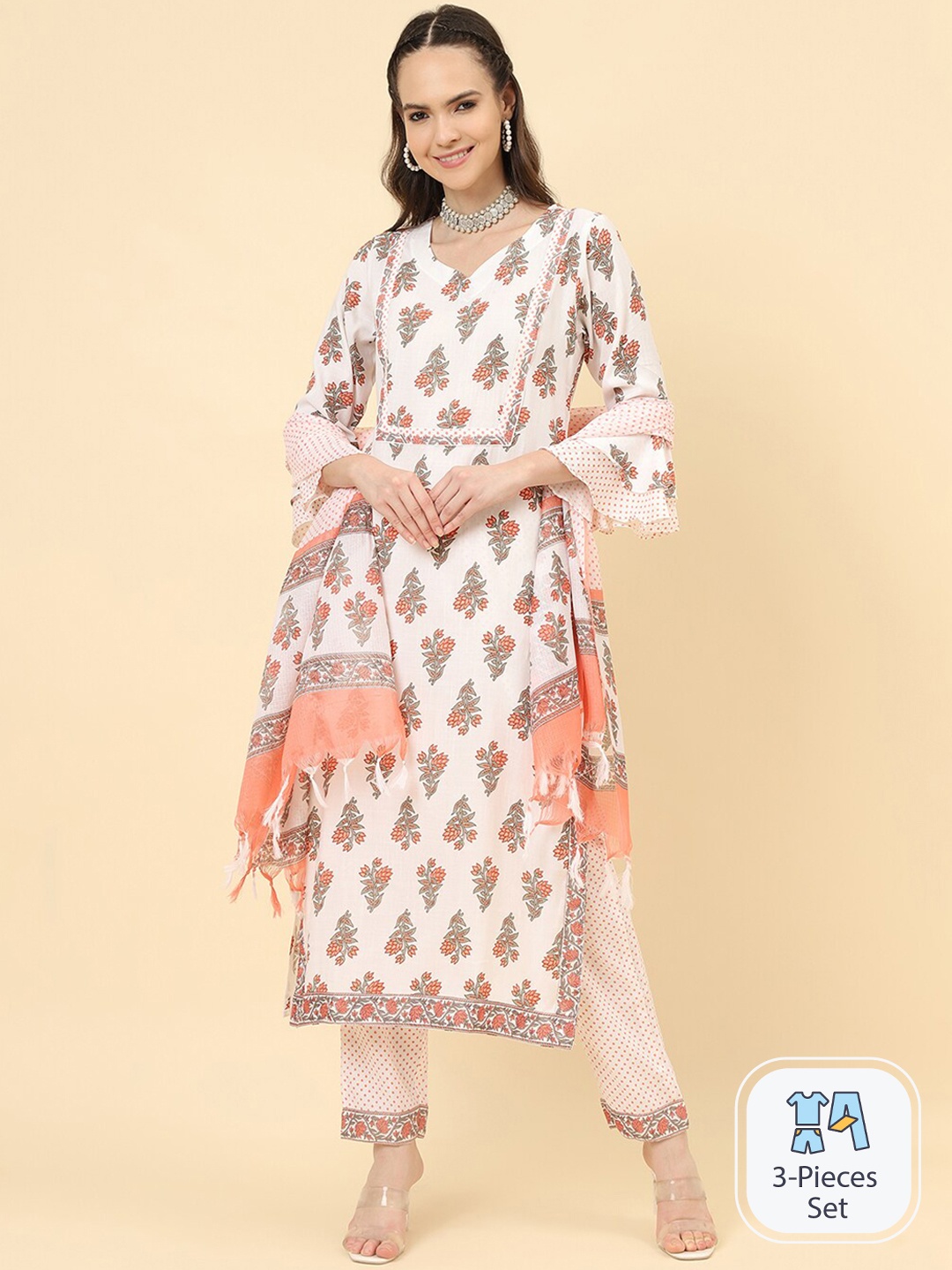 

KALINI Floral Printed Regular Kurta With Trousers & Dupatta, White