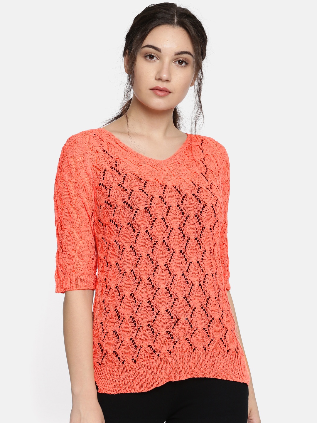 

U.S. Polo Assn. Women Women Coral Pink Self Design Sheer Top