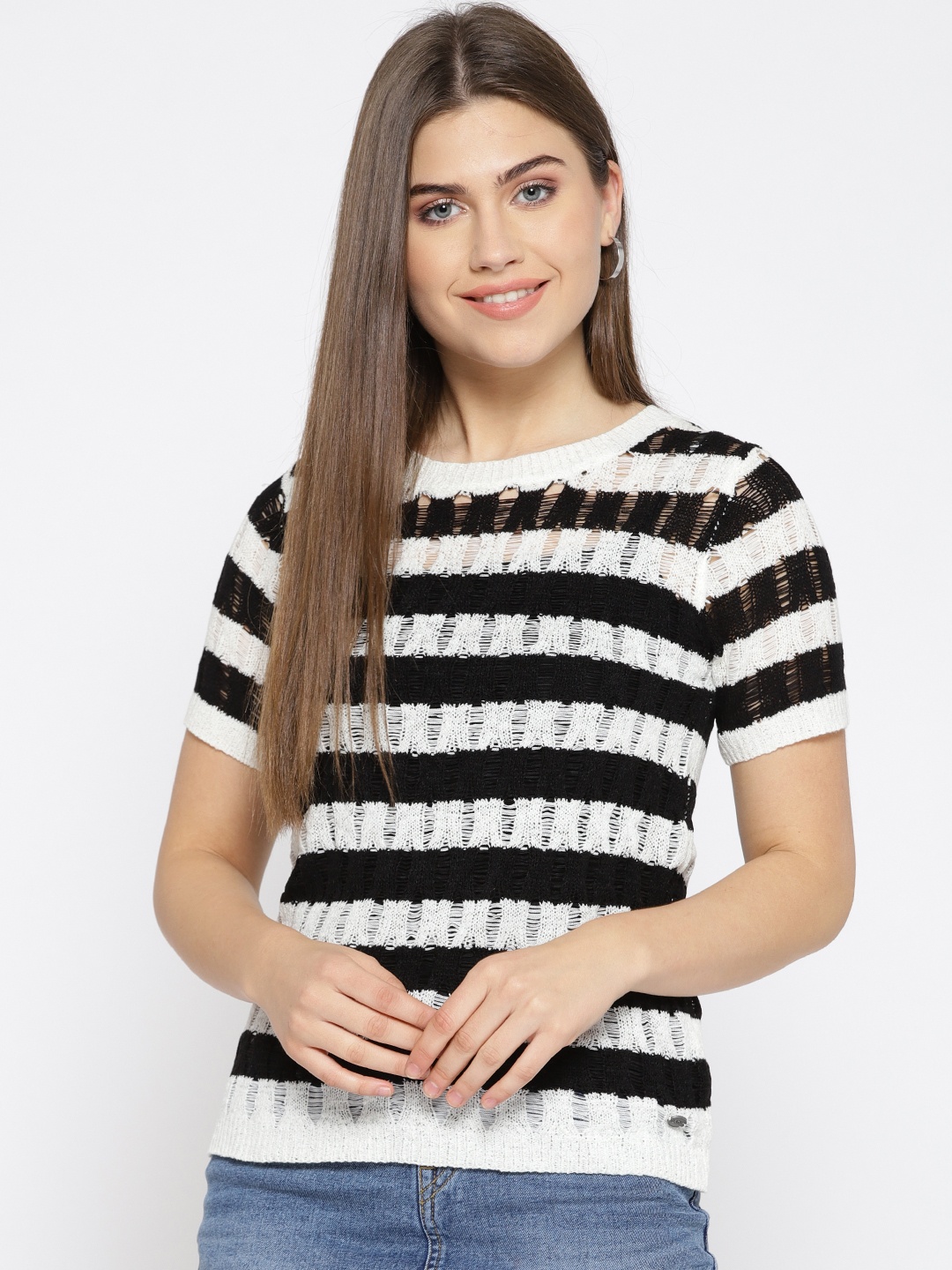 

U.S. Polo Assn. Women Black Striped Sheer Top
