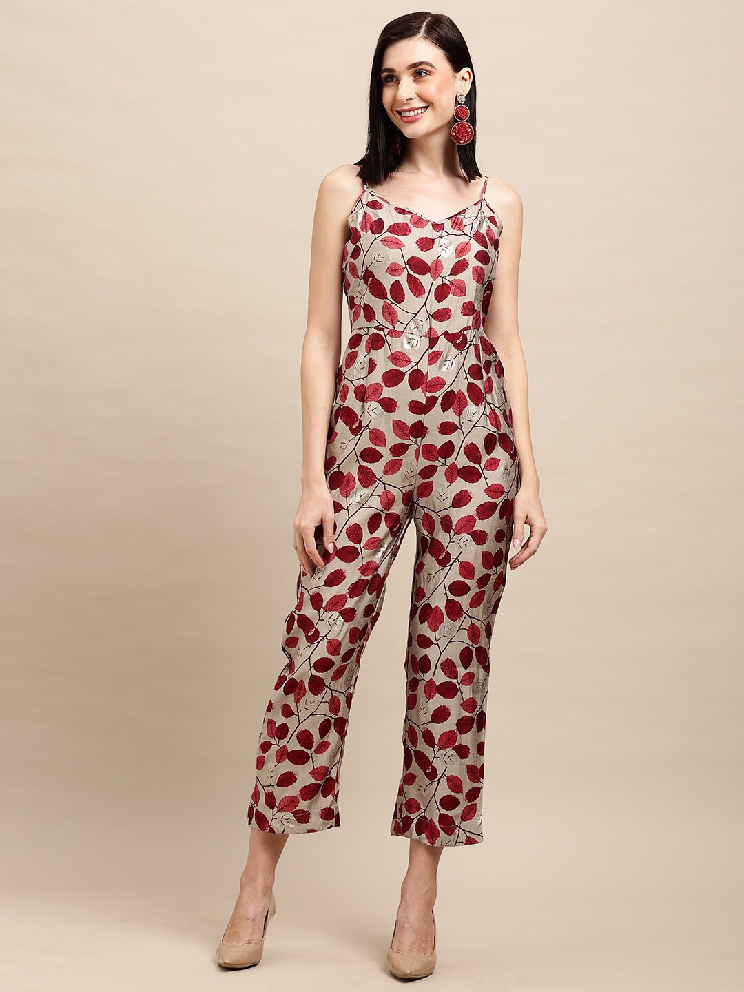 

Sangria Floral Printed Shoulder Straps Jumpsuit, Beige