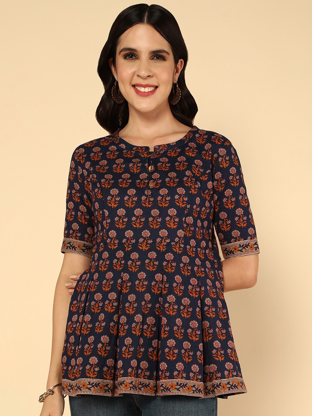 

aturabi Floral Printed Pure Cotton Pleated Kurti, Blue